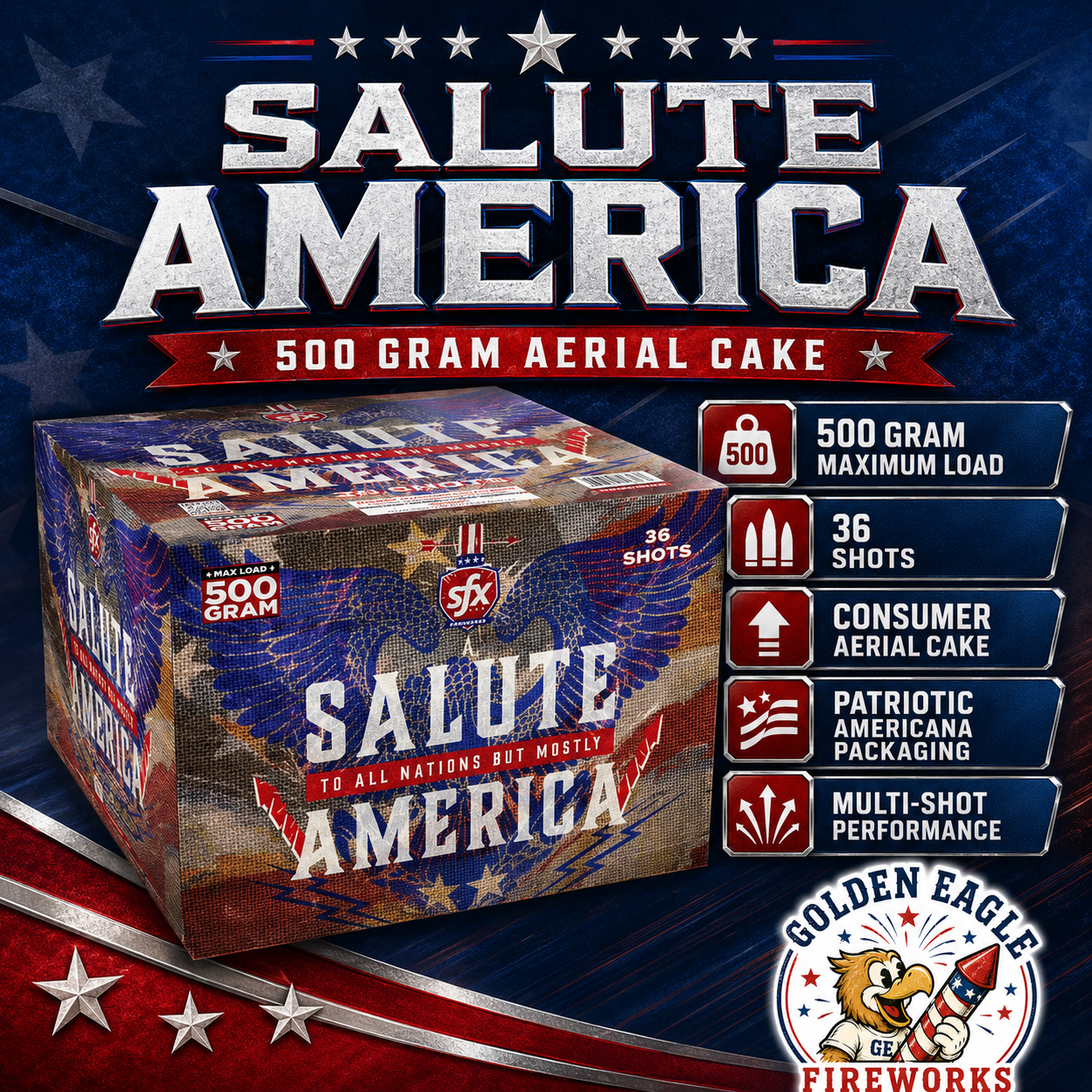 Salute America fireworks cake by SFX Fireworks delivering 36 shots of multi-shot aerial action with patriotic American-themed packaging and crowd-pleasing effects