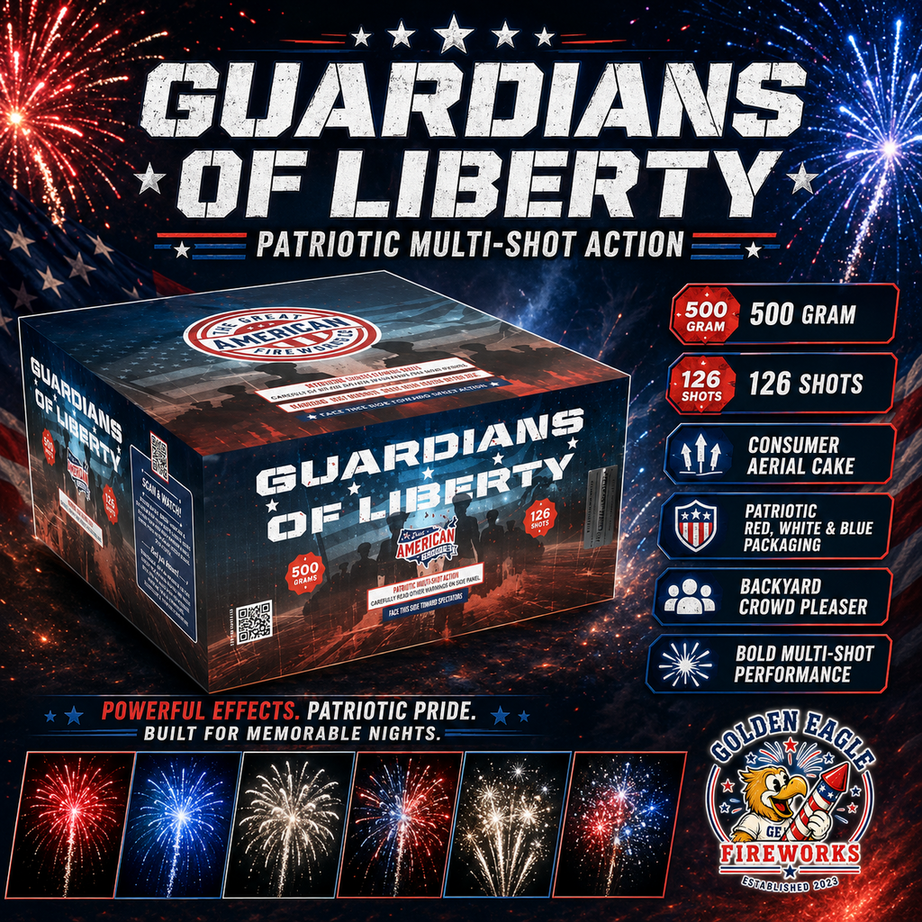 Guardians of Liberty 500 gram 126-shot fireworks cake — patriotic multi-shot action, powerful effects, available at Golden Eagle Fireworks