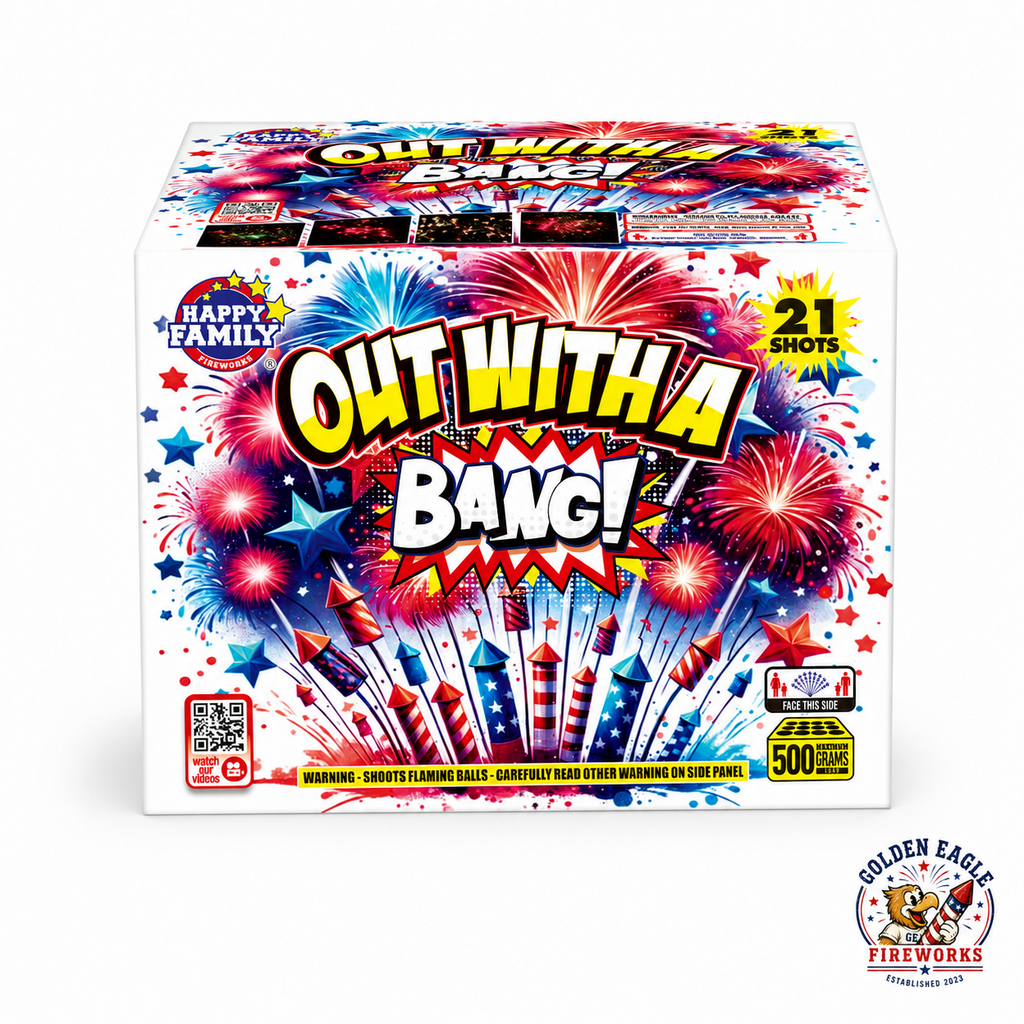 Out With A Bang 500 gram aerial cake available at Golden Eagle Fireworks in Humble Texas featuring 21 shots and patriotic fireworks packaging