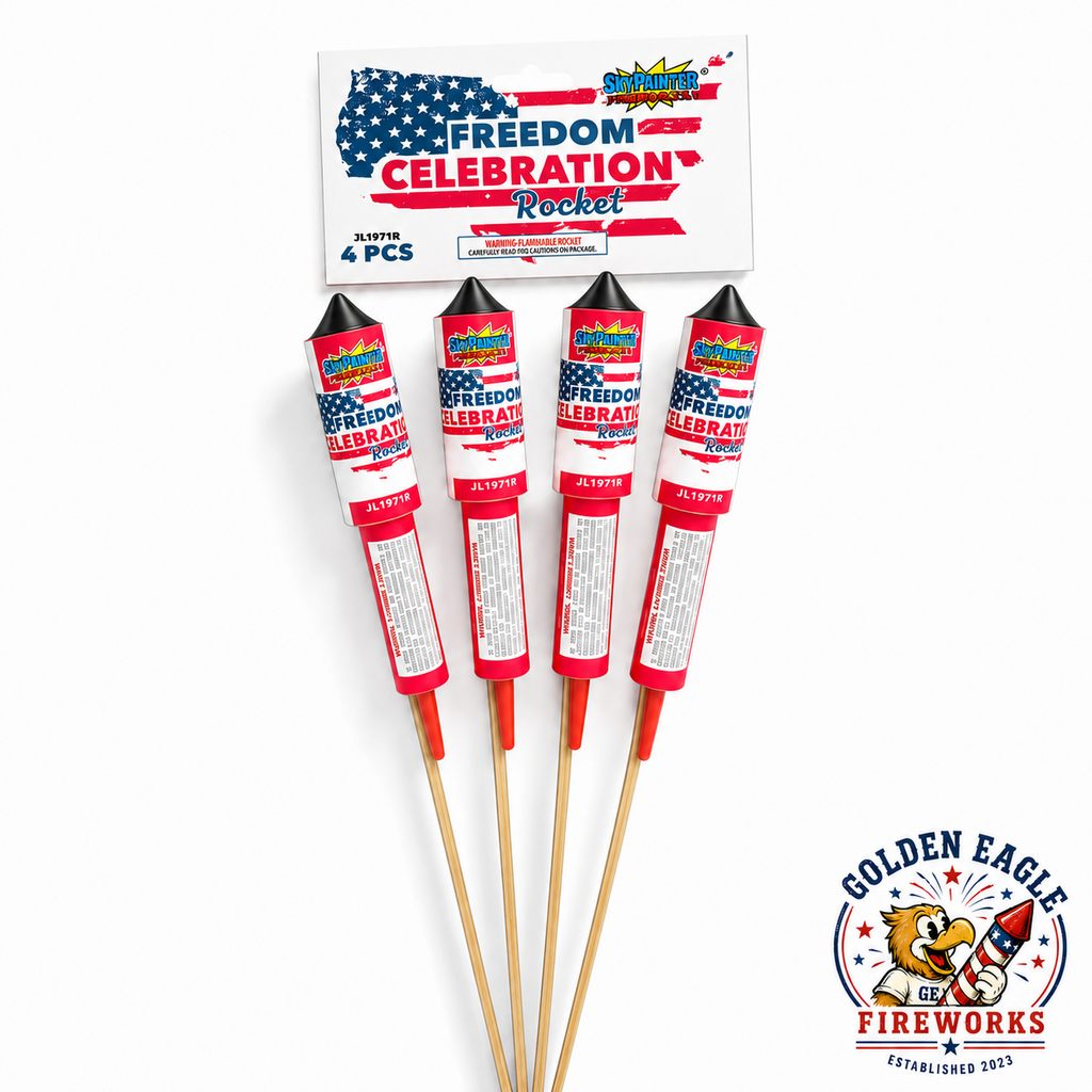 Golden Eagle Fireworks Sky Painter Freedom Celebration Rocket 4-pack JL1971R, classic patriotic aerial rockets with long wooden guide sticks, flammable rocket consumer fireworks, Houston TX