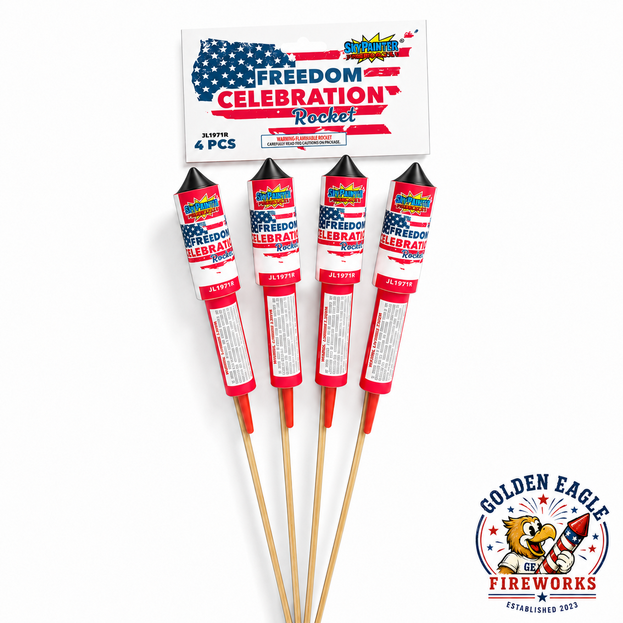 Golden Eagle Fireworks Sky Painter Freedom Celebration Rocket 4-pack JL1971R, classic patriotic aerial rockets with long wooden guide sticks, flammable rocket consumer fireworks, Houston TX
