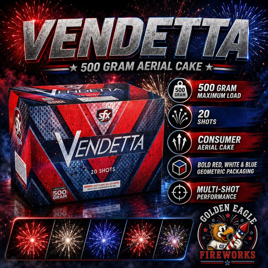 Vendetta 500 gram aerial fireworks cake by SFX Fireworks delivering 20 shots of multi-shot action with patriotic styling, available at Golden Eagle Fireworks Houston Texas