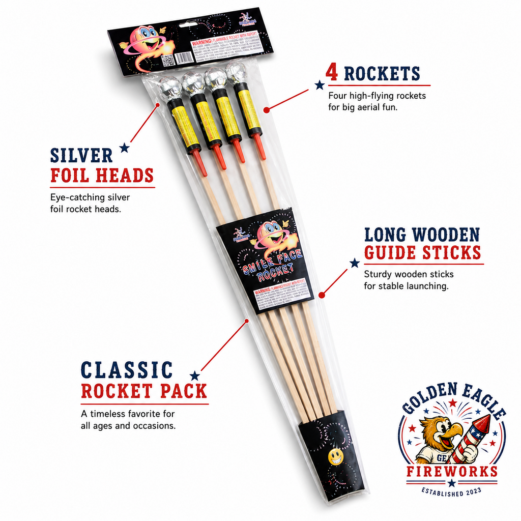 Smile Face Rocket 4-pack from Golden Eagle Fireworks featuring silver foil heads, long wooden guide sticks, classic rocket pack packaging, and consumer fireworks in Houston TX.