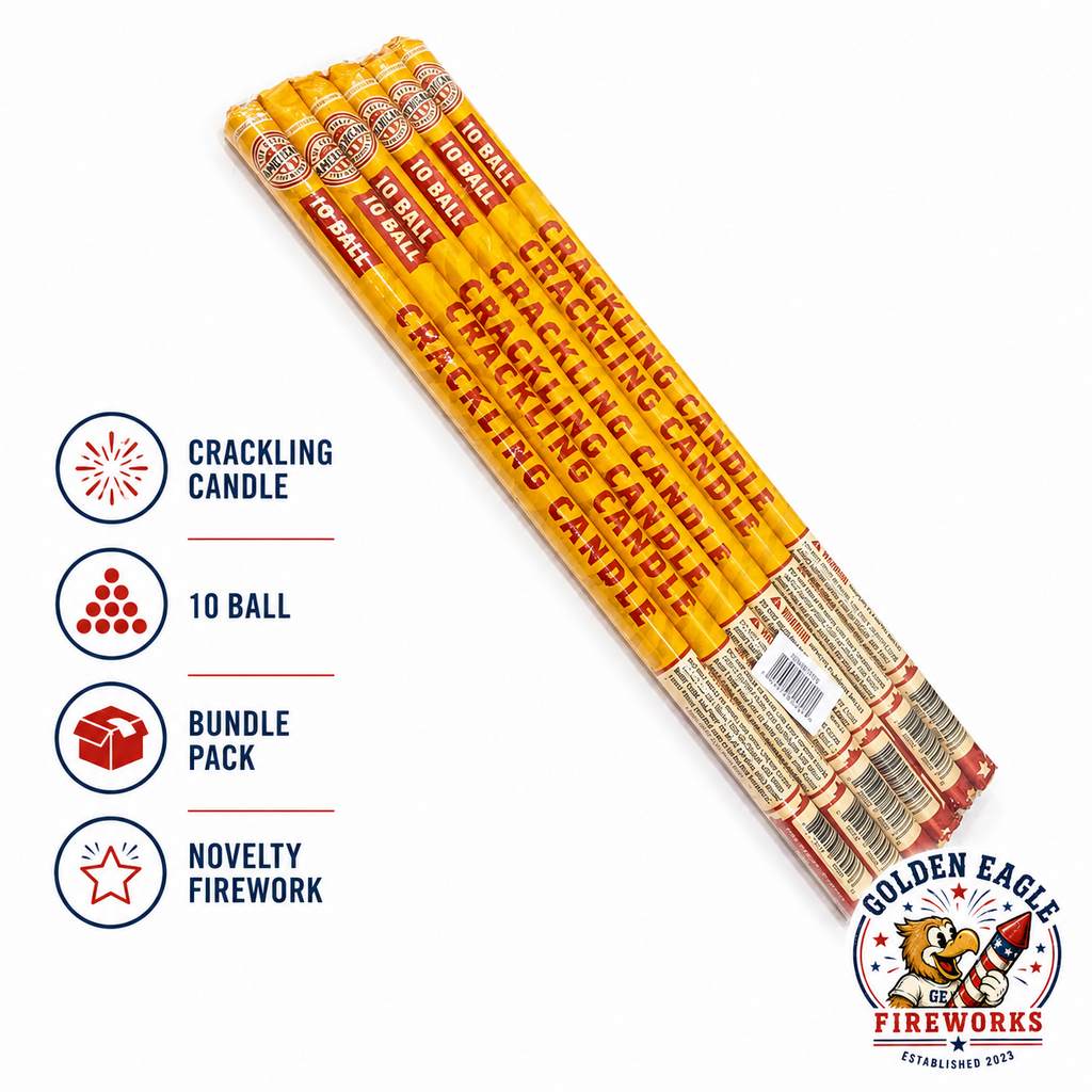 10 Ball Crackling Candle bundle highlighting crackling effects, 10-ball performance, novelty fireworks, and easy-to-use Roman candles from Golden Eagle Fireworks.