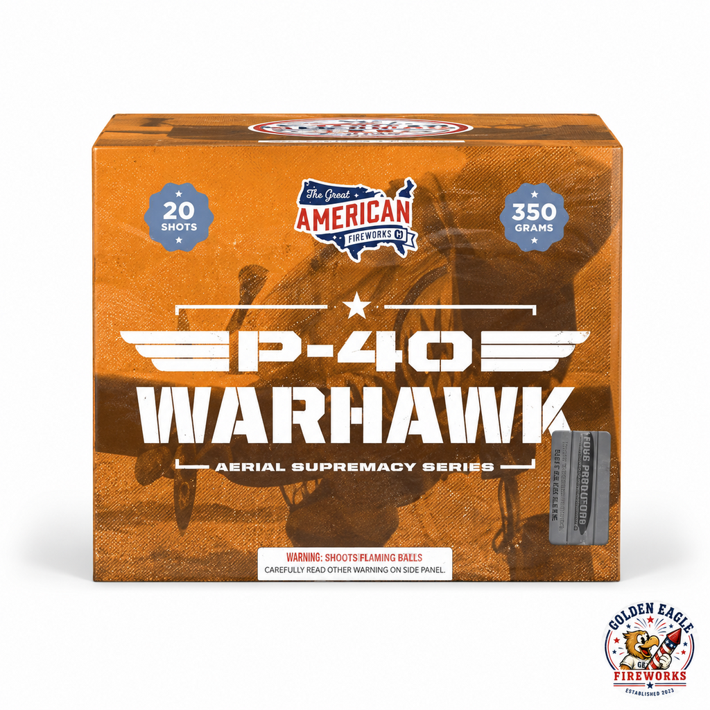 P-40 Warhawk 20 shot aerial cake firework featuring 350 gram performance, military aviation inspired packaging, compact aerial cake design, and backyard fireworks available at Golden Eagle Fireworks.
