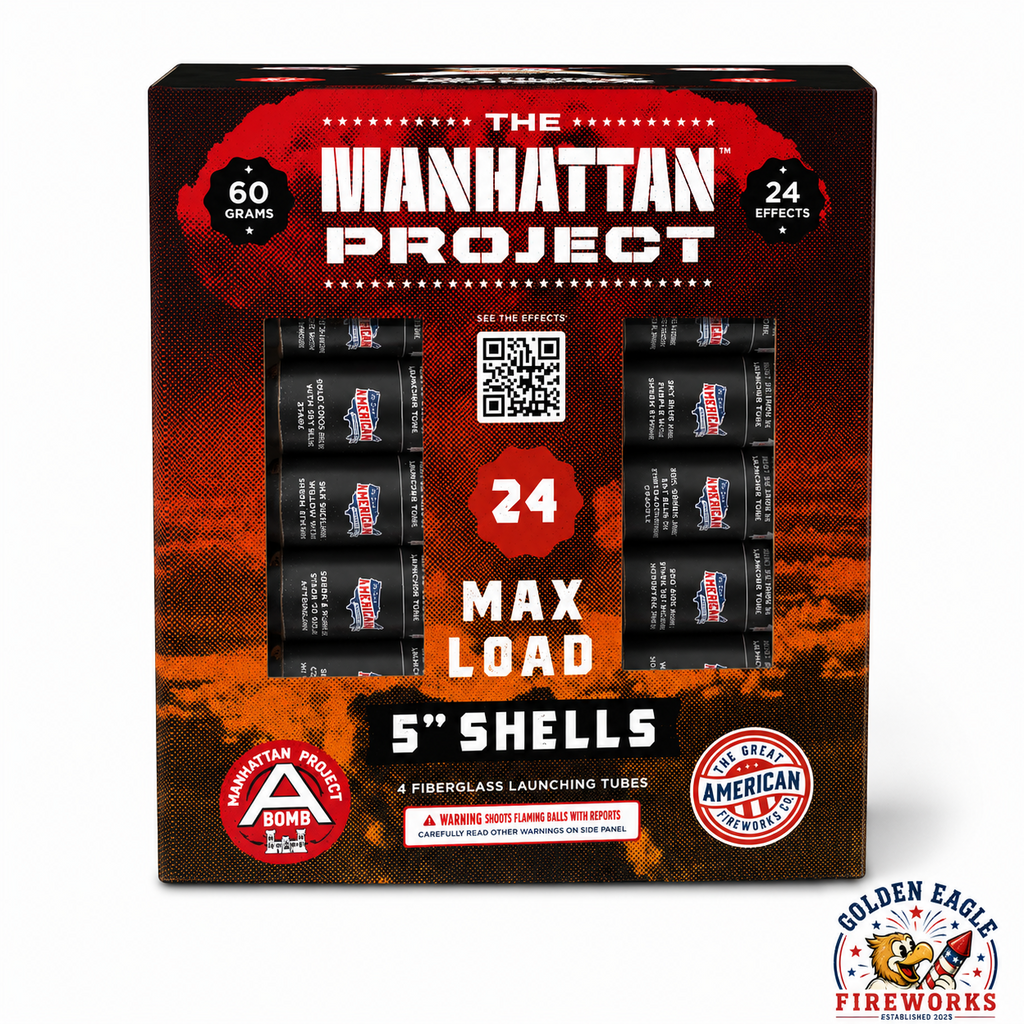 The Manhattan Project artillery shell kit featuring 24 max load 5-inch shells, 24 effects, 60 gram shells, and fiberglass launch tubes available at Golden Eagle Fireworks in Humble Texas.