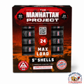 The Manhattan Project artillery shell kit featuring 24 max load 5-inch shells, 24 effects, 60 gram shells, and fiberglass launch tubes available at Golden Eagle Fireworks in Humble Texas.