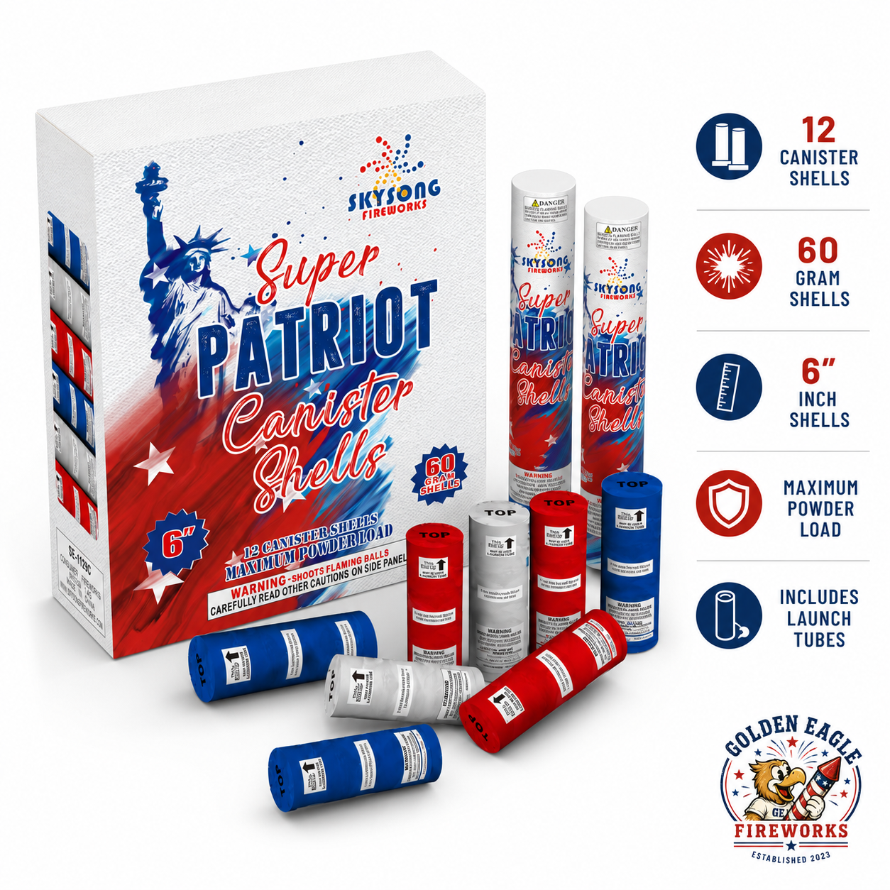 Super Patriot 60 gram 6-inch canister shells — 12-pack with launch tubes included, maximum powder load, sold at Golden Eagle Fireworks Houston TX
