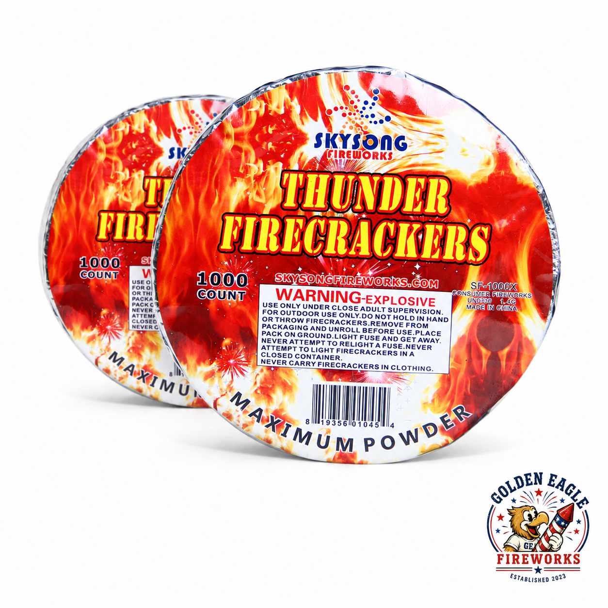 Two rolls of Golden Eagle Fireworks Skysong Thunder Firecrackers 1,000-count Maximum Powder, SF-1000X consumer fireworks UN0366 1.4G, Houston TX