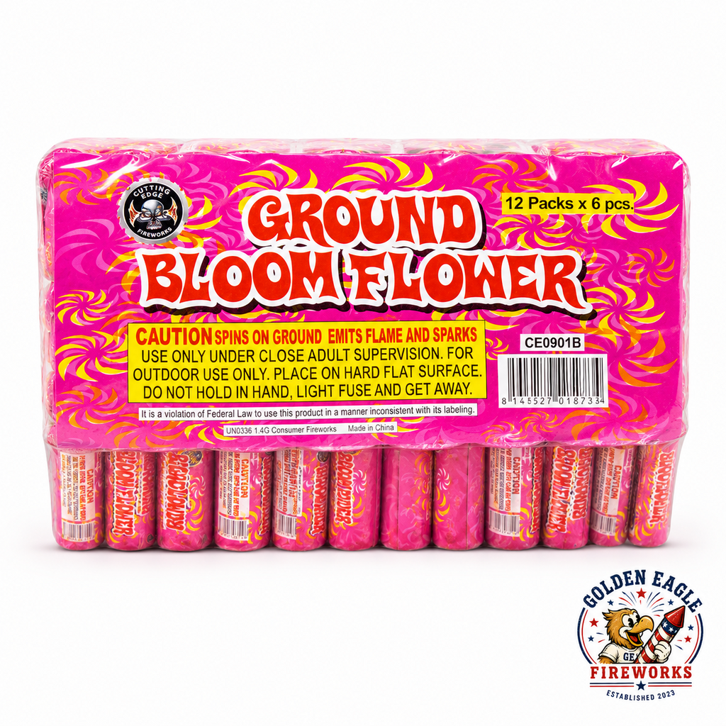 Ground Bloom Flower novelty ground fireworks featuring bright pink packaging, spinning ground action, flame and spark effects, and celebration fireworks available at Golden Eagle Fireworks.