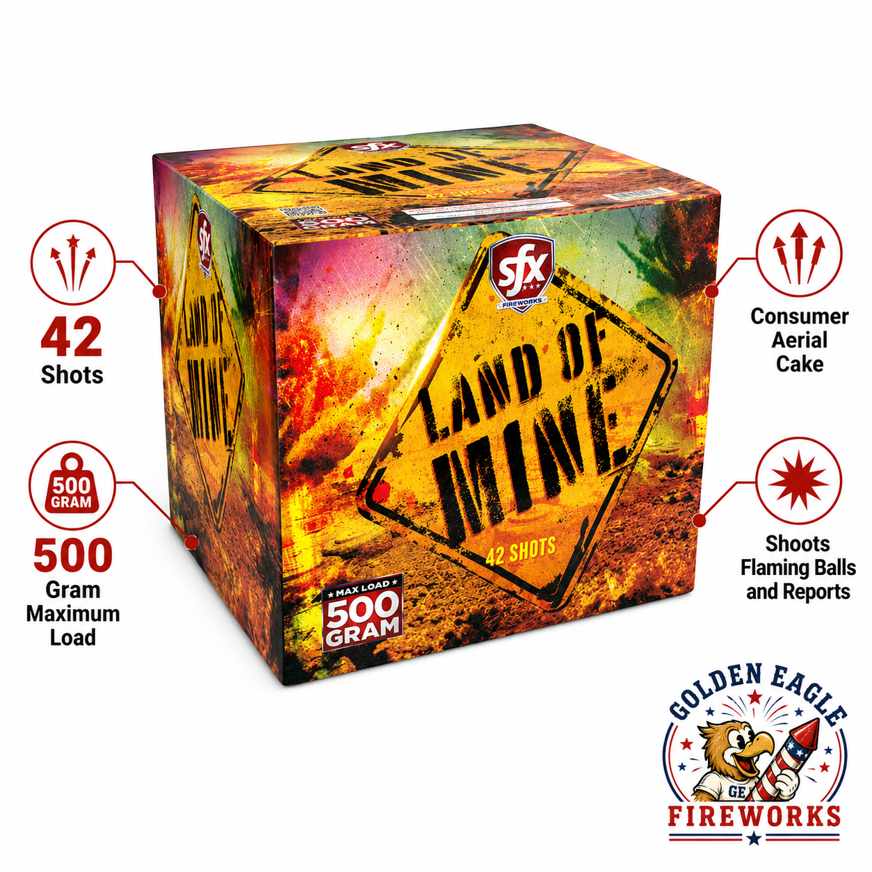 Land of Mine 42-shot consumer aerial cake with 500 gram maximum load, aerial fireworks cake designed for loud reports and vibrant breaks, sold by Golden Eagle Fireworks Houston Texas