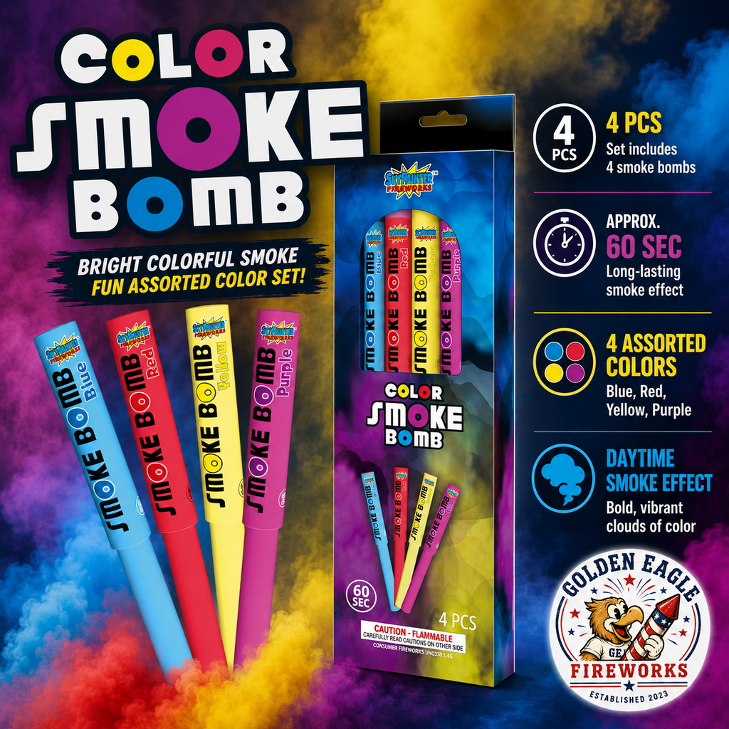 Color Smoke Bomb infographic featuring 4 pieces, approximate 60 second smoke effect, blue red yellow and purple assorted colors, daytime smoke effect, and celebration fireworks details from Golden Eagle Fireworks.