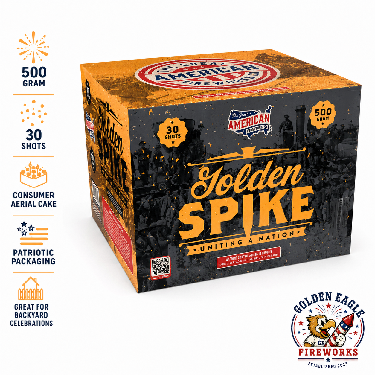 Golden Spike 500g 30-shot consumer aerial cake — patriotic packaging, flaming balls and reports, sold at Golden Eagle Fireworks Houston TX