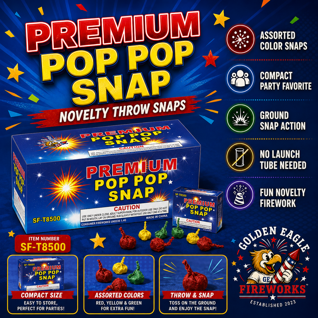 Premium Pop Pop Snap infographic featuring novelty throw snaps, assorted color snaps, compact party favorite design, ground snap action, no launch tube needed, and celebration fireworks details from Golden Eagle Fireworks.