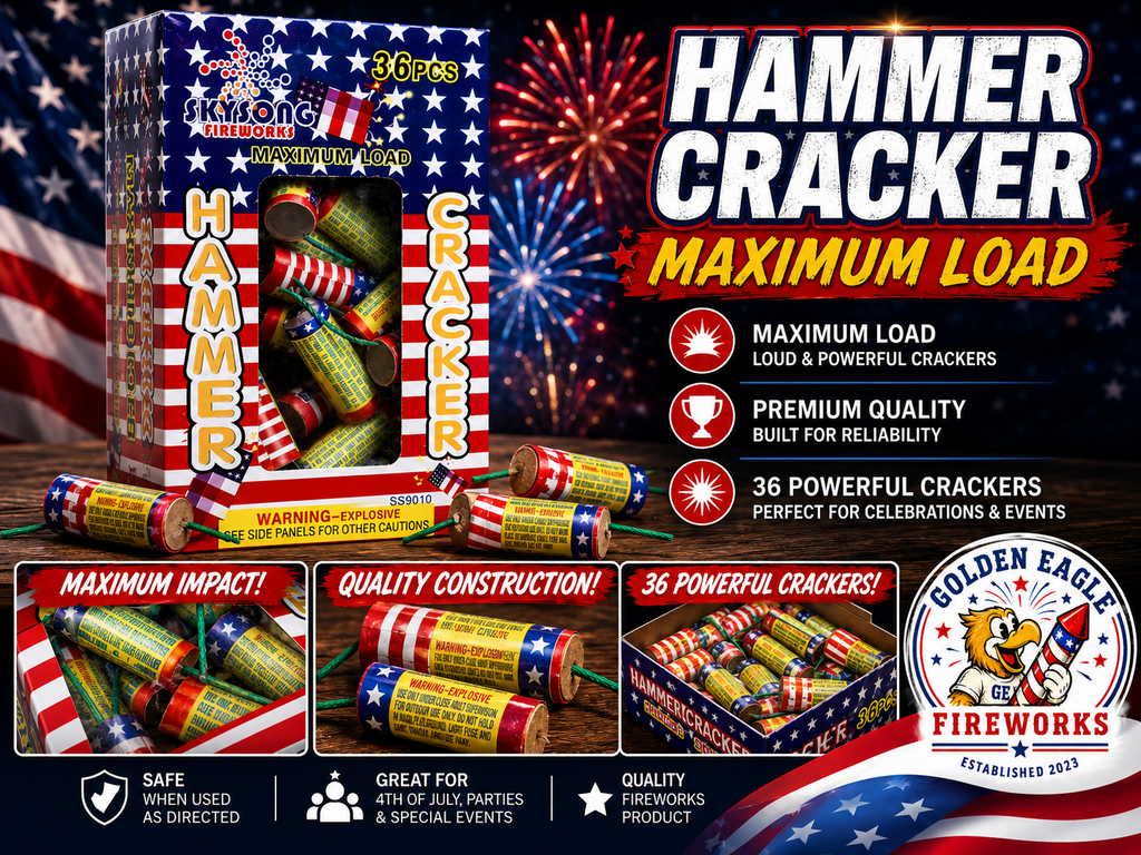 Golden Eagle Fireworks Skysong Hammer Cracker 36-count Maximum Load hero image — loud powerful crackers, premium quality, perfect for 4th of July, parties, and special events, Houston TX
