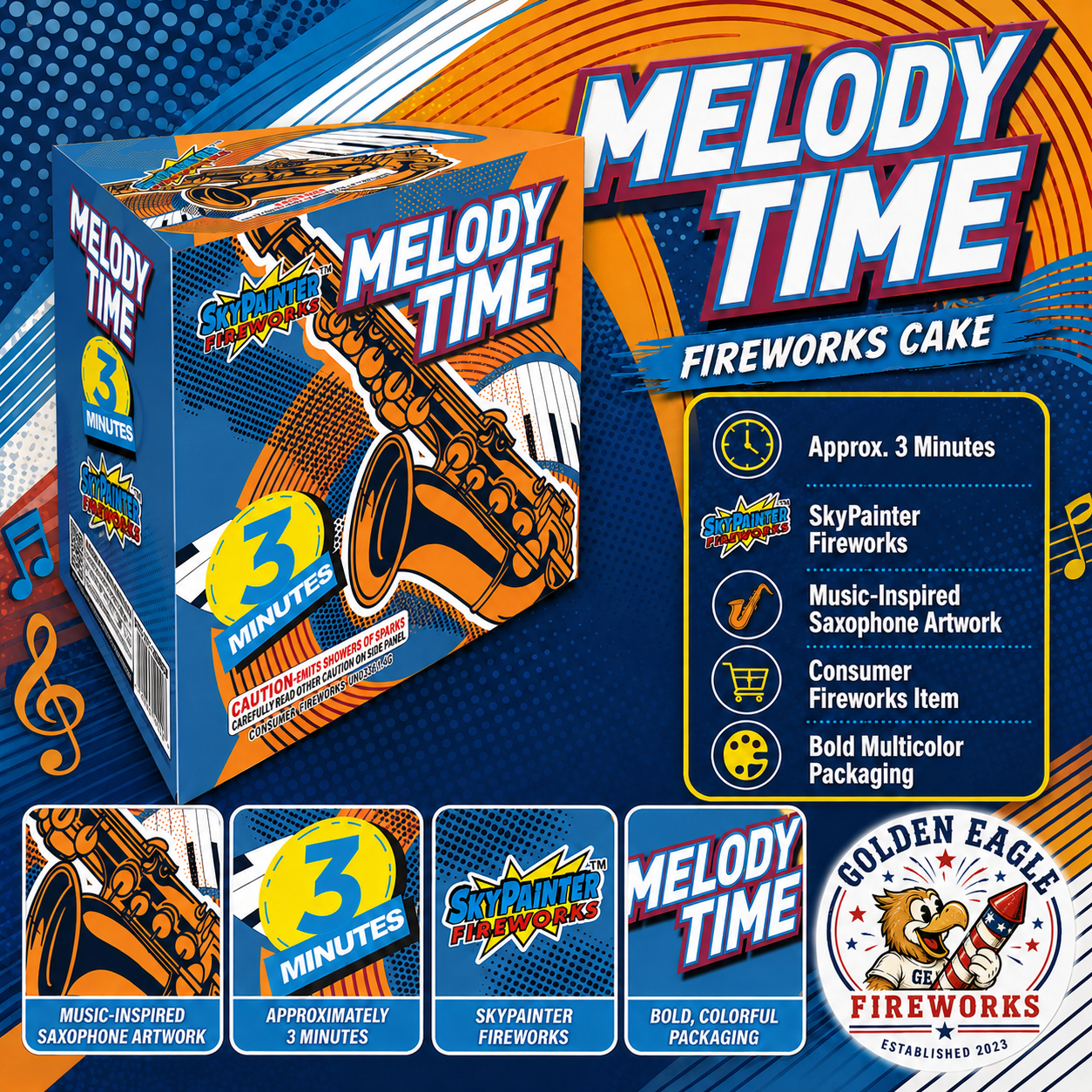 Melody Time consumer fireworks cake featuring an extended 3-minute performance with vibrant aerial effects, available at Golden Eagle Fireworks in Humble, Texas.