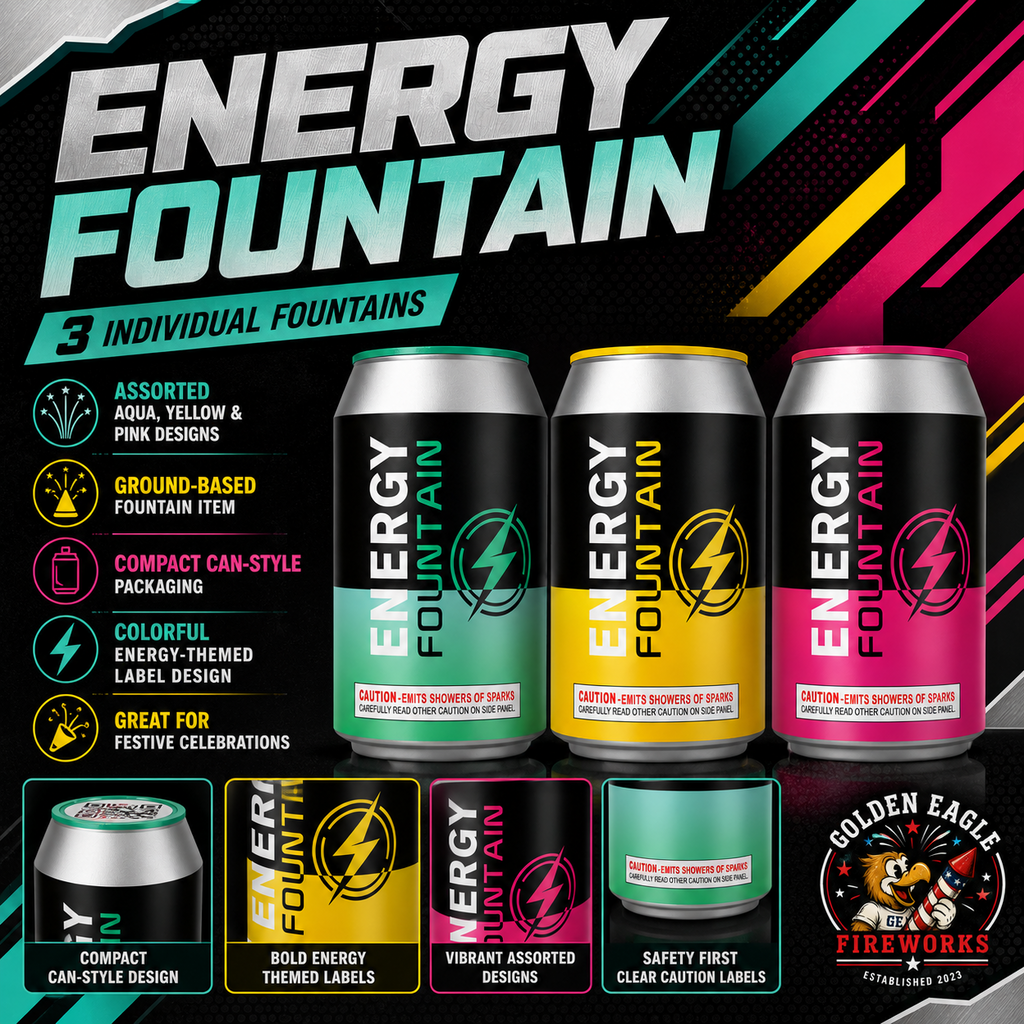 Energy Fountain infographic featuring 3 individual fountains, assorted aqua yellow and pink designs, compact can-style packaging, ground-based fountain item, colorful energy-themed labels, and celebration fireworks details from Golden Eagle Fireworks.