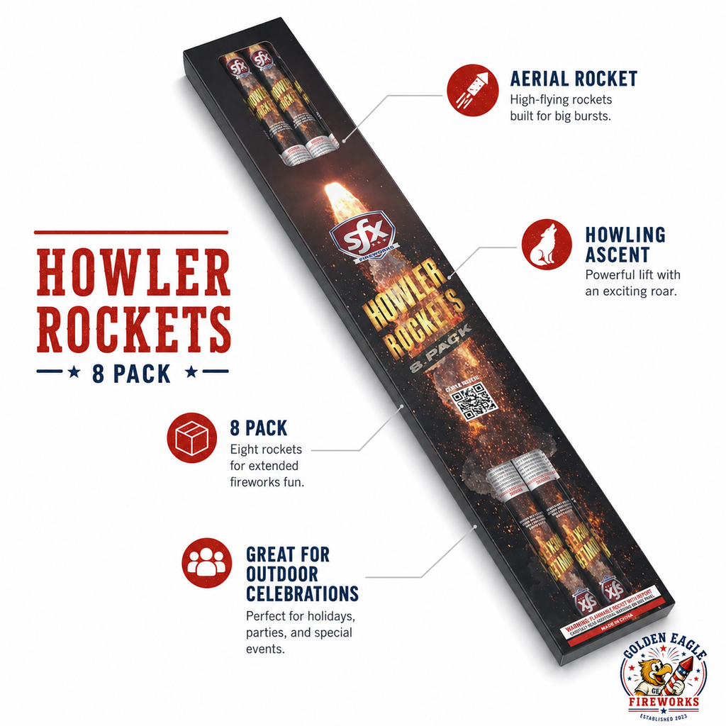 Golden Eagle Fireworks SFX Howler Rockets 8-pack spec view — aerial rockets with howling ascent powerful lift, 8 rockets extended fireworks fun, great for holidays parties and special events, Houston TX