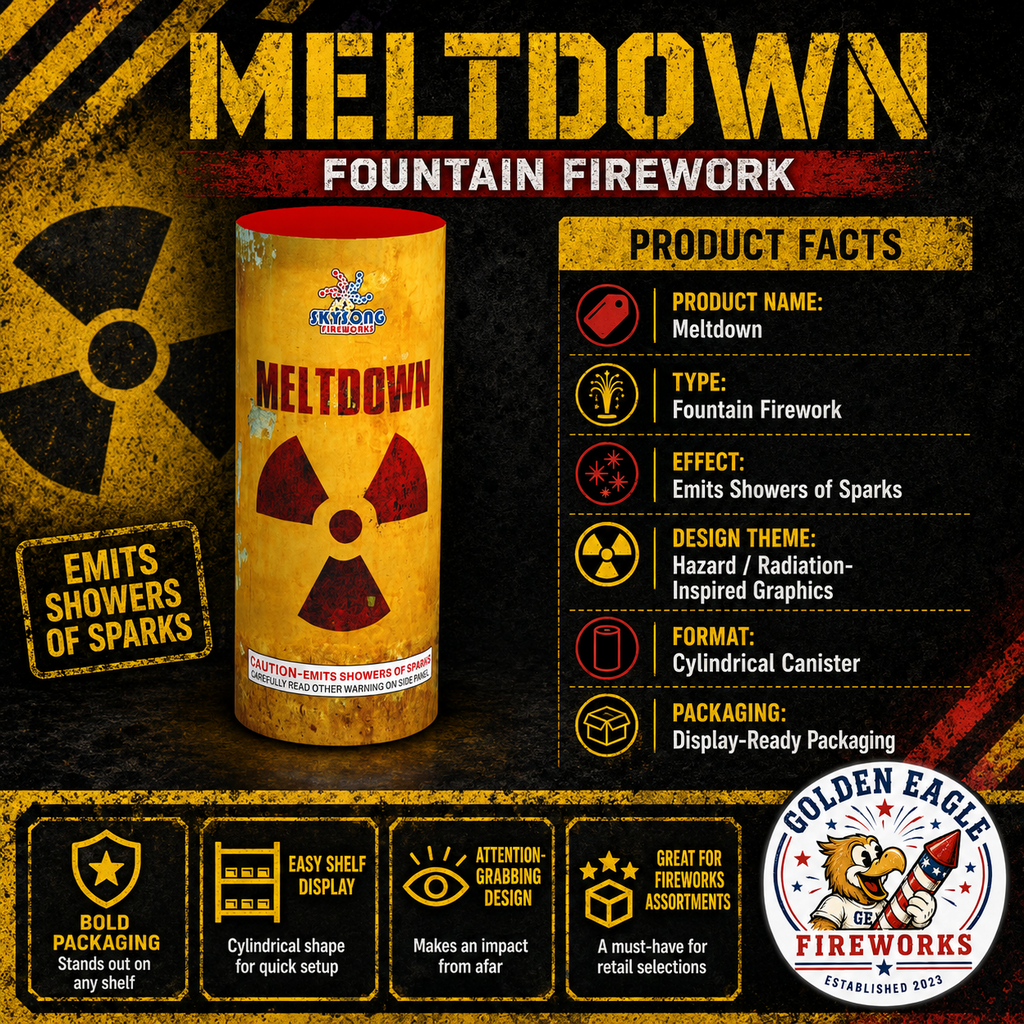Meltdown fountain firework infographic featuring Sky Song Fireworks branding, emits showers of sparks, hazard-inspired graphics, cylindrical canister format, and display-ready packaging from Golden Eagle Fireworks.