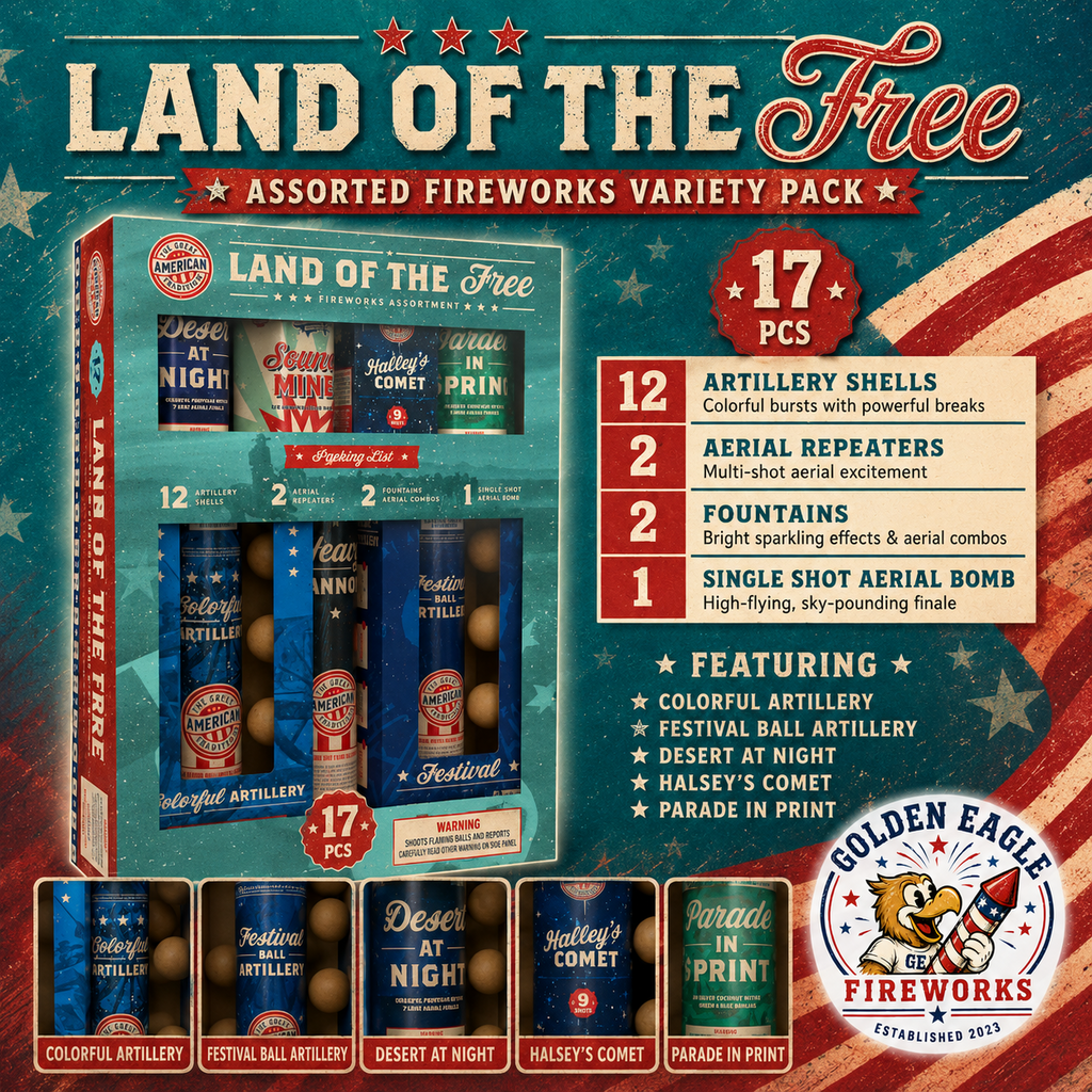 Land of the Free premium 17-piece fireworks assortment with artillery shells, aerial repeaters, fountains, and patriotic consumer fireworks from Golden Eagle Fireworks.
