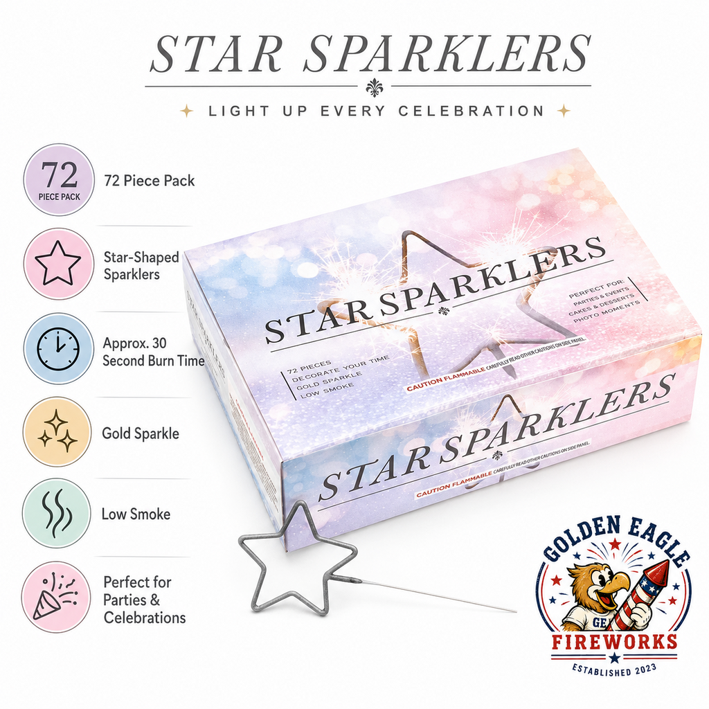 Star Sparklers 72 piece set featuring star-shaped novelty sparklers, soft pastel packaging, celebration-ready design, and decorative party sparklers from Golden Eagle Fireworks.