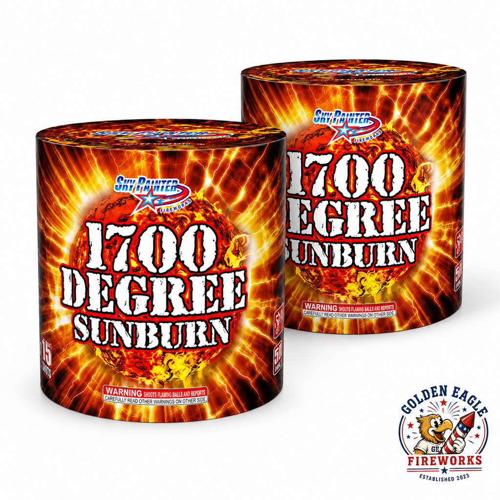 Two units of Golden Eagle Fireworks 1700 Degree Sunburn 350g performance cake by Sky Painter Fireworks, 15-shot flaming balls and reports consumer firework, Houston TX