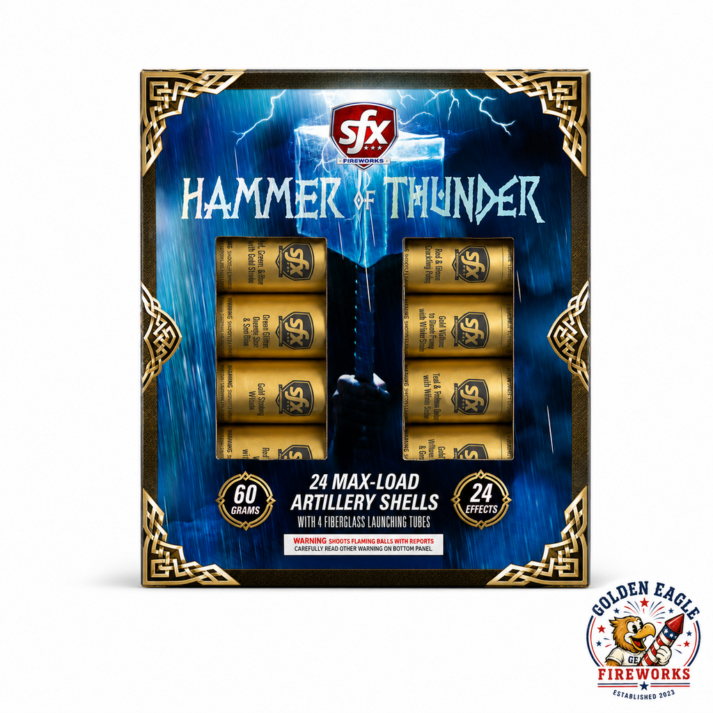 Hammer of Thunder 24 max-load artillery shell kit featuring 60 gram shells, 24 effects, 4 fiberglass launching tubes, thunder-themed packaging, and premium fireworks available at Golden Eagle Fireworks.