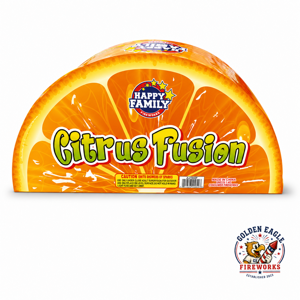Citrus Fusion fountain firework with bright orange slice packaging from Golden Eagle Fireworks.