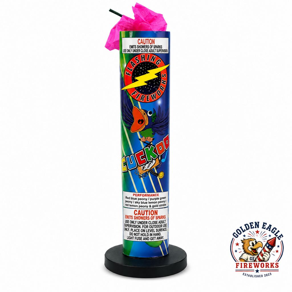 Cuckoo standing fountain firework by Flashing Fireworks featuring bright pink top wrap, colorful bird-themed packaging, fuse, and stable black plastic base available at Golden Eagle Fireworks.