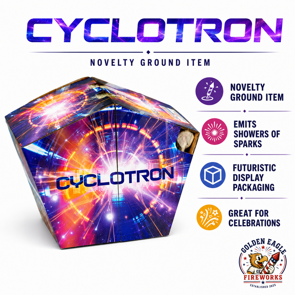 Cyclotron novelty ground fountain firework feature image showing spinning ground action, emits showers of sparks, futuristic display packaging, compact shape, and celebration fireworks from Golden Eagle Fireworks.