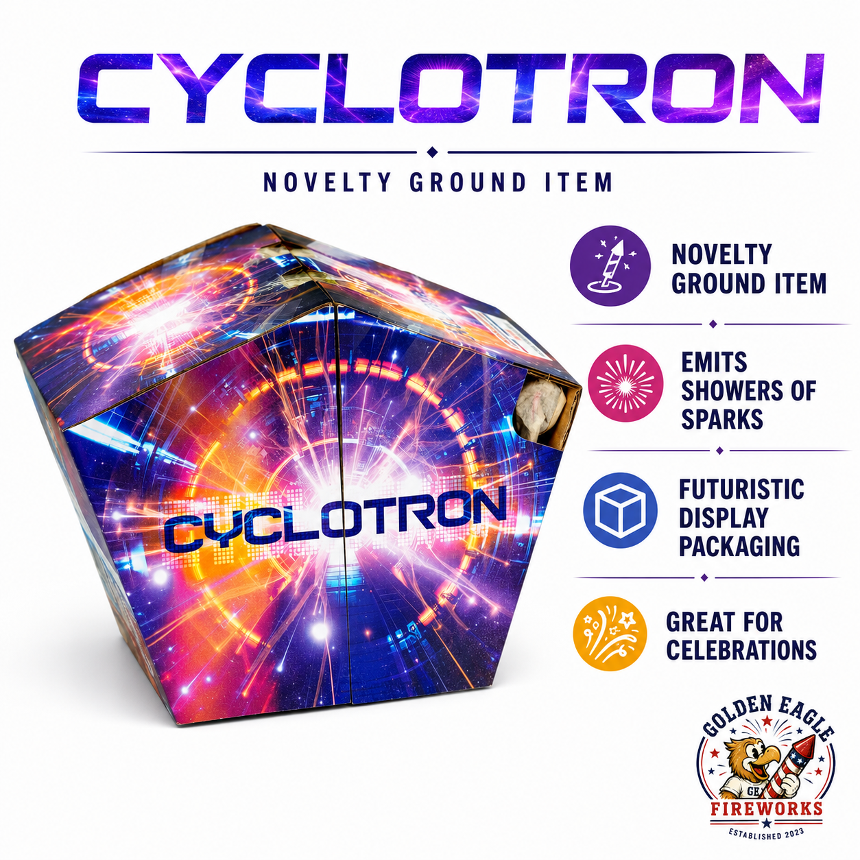 Cyclotron novelty ground fountain firework feature image showing spinning ground action, emits showers of sparks, futuristic display packaging, compact shape, and celebration fireworks from Golden Eagle Fireworks.