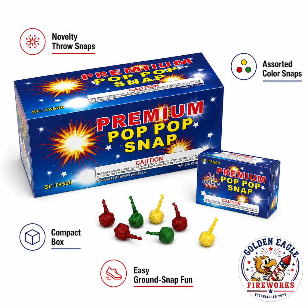 Premium Pop Pop Snap feature image showing novelty throw snaps, assorted color snaps, compact box design, easy ground-snap action, and fun party fireworks from Golden Eagle Fireworks.