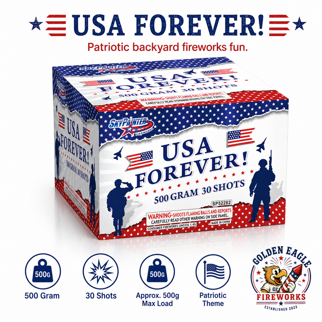 USA Forever 500g 30-shot fireworks cake shoots flaming balls and reports — patriotic military-themed consumer fireworks sold at Golden Eagle Fireworks Houston TX