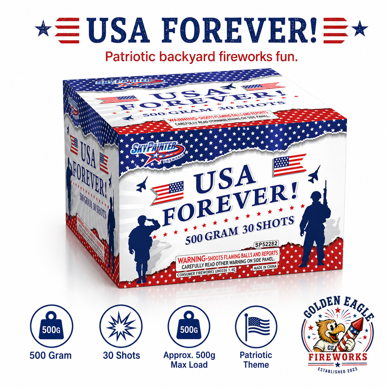 USA Forever 500g 30-shot fireworks cake shoots flaming balls and reports — patriotic military-themed consumer fireworks sold at Golden Eagle Fireworks Houston TX