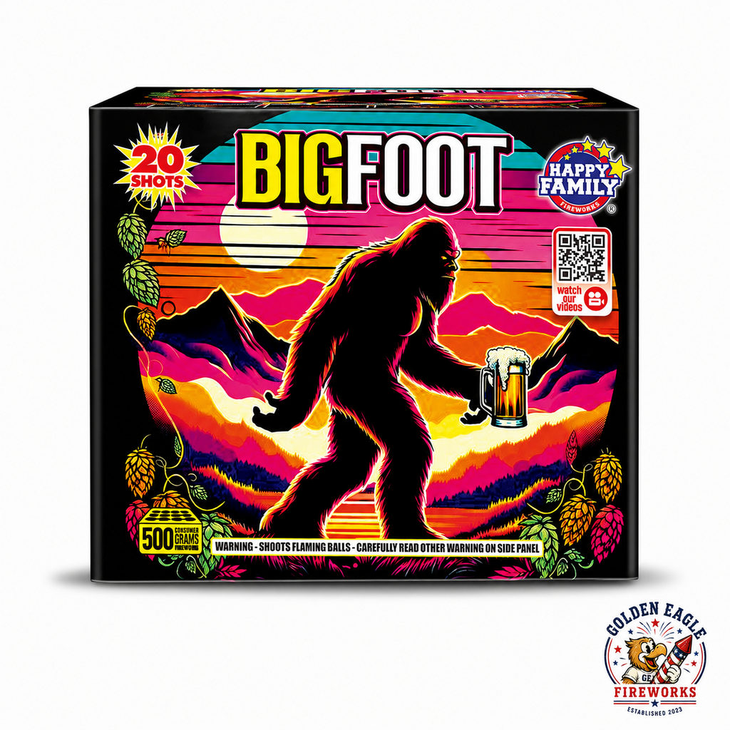 Bigfoot 500 gram consumer fireworks cake by Happy Family — 20 shots, vibrant retro sunset Bigfoot design, available at Golden Eagle Fireworks