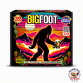 Bigfoot 500 gram consumer fireworks cake by Happy Family — 20 shots, vibrant retro sunset Bigfoot design, available at Golden Eagle Fireworks