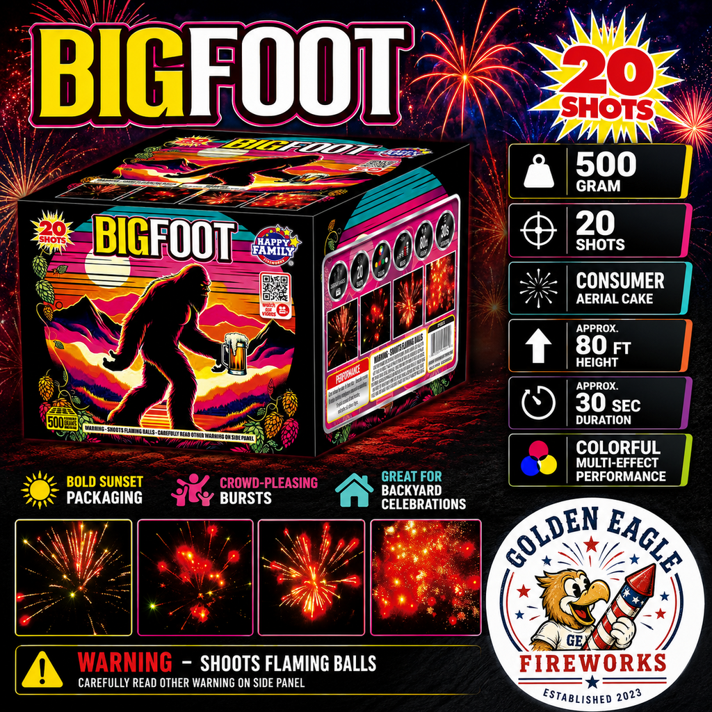 Bigfoot 500 gram aerial cake by Happy Family Fireworks — 20 shots reaching approximately 80 feet, colorful multi-effect performance, available at Golden Eagle Fireworks
