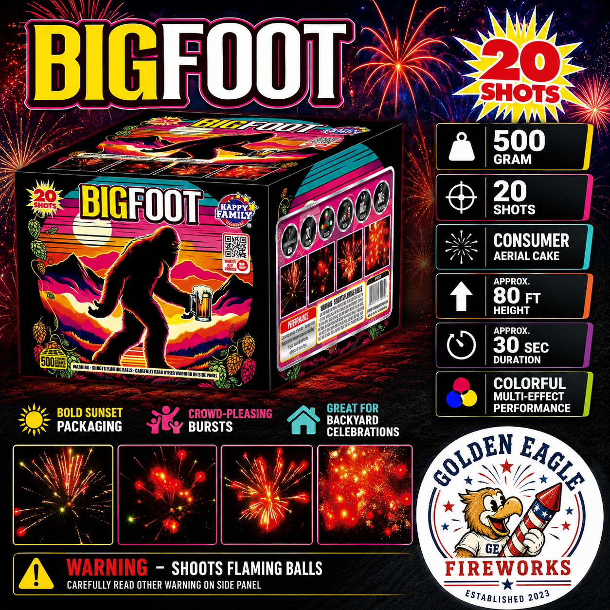 Bigfoot 500 gram aerial cake by Happy Family Fireworks — 20 shots reaching approximately 80 feet, colorful multi-effect performance, available at Golden Eagle Fireworks