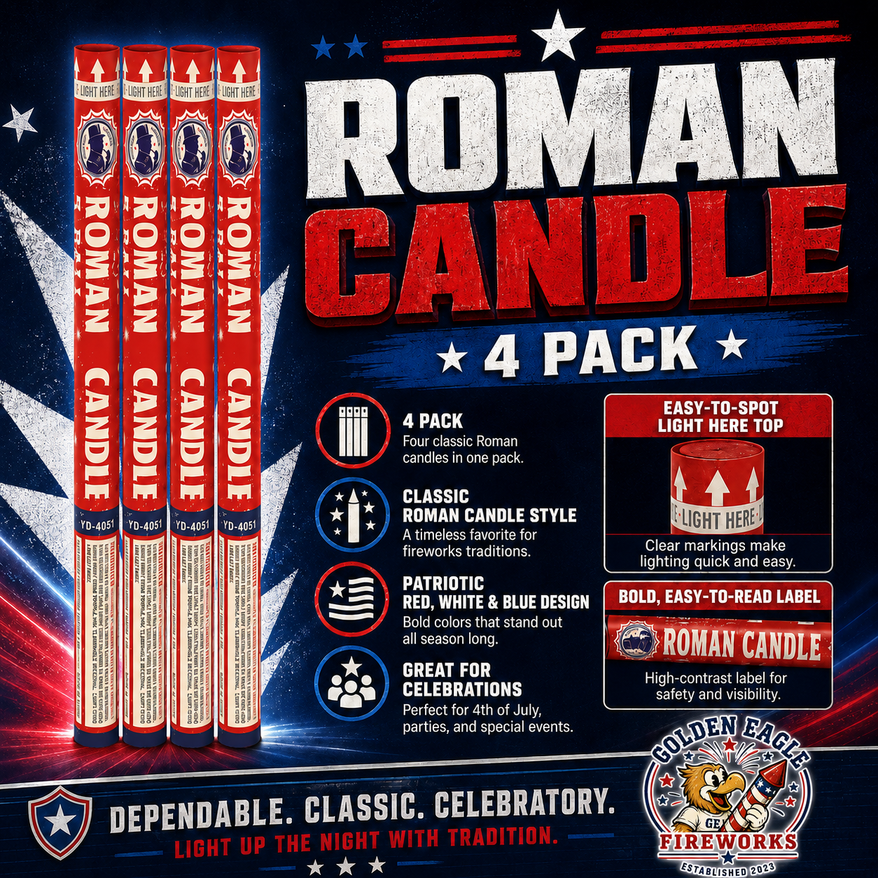 Roman Candle 4 pack infographic featuring four classic Roman candles, patriotic red white and blue packaging, easy-to-read labels, light here tops, and celebration fireworks details from Golden Eagle Fireworks.