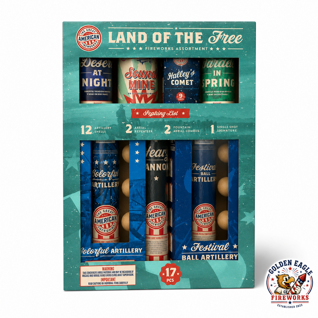 Land of the Free 17-piece fireworks assortment featuring artillery shells, aerial repeaters, fountains, and premium consumer fireworks from Golden Eagle Fireworks.