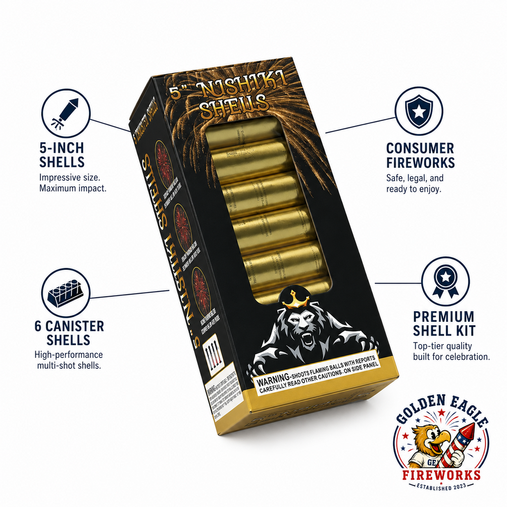 Nishiki Shells artillery shell kit with 6 canister shells, 5-inch shells, premium fireworks packaging, and consumer fireworks performance.