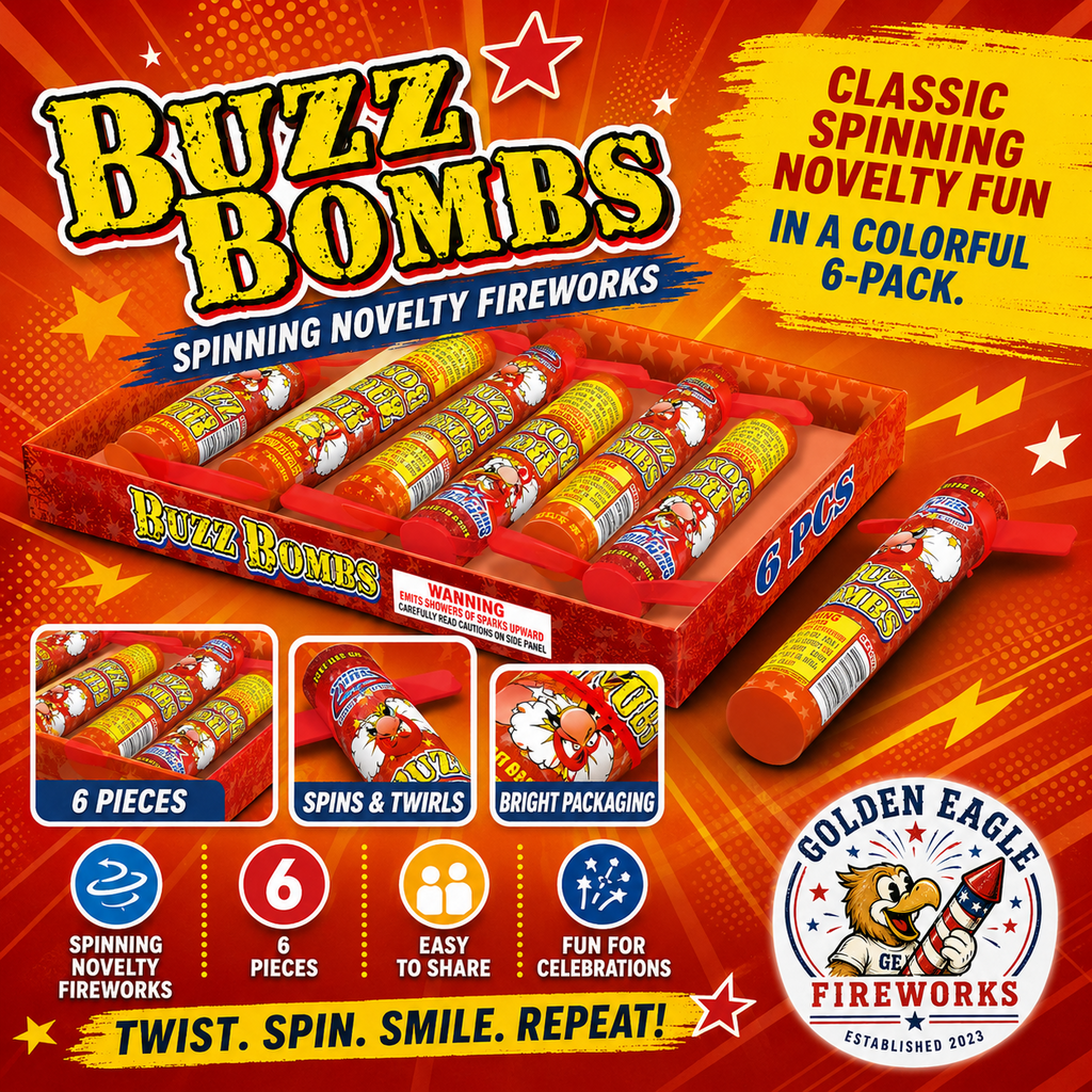 Buzz Bombs spinning novelty fireworks infographic featuring 6 pieces, colorful packaging, spins and twirls effect, easy-to-share party design, and celebration fireworks details from Golden Eagle Fireworks.