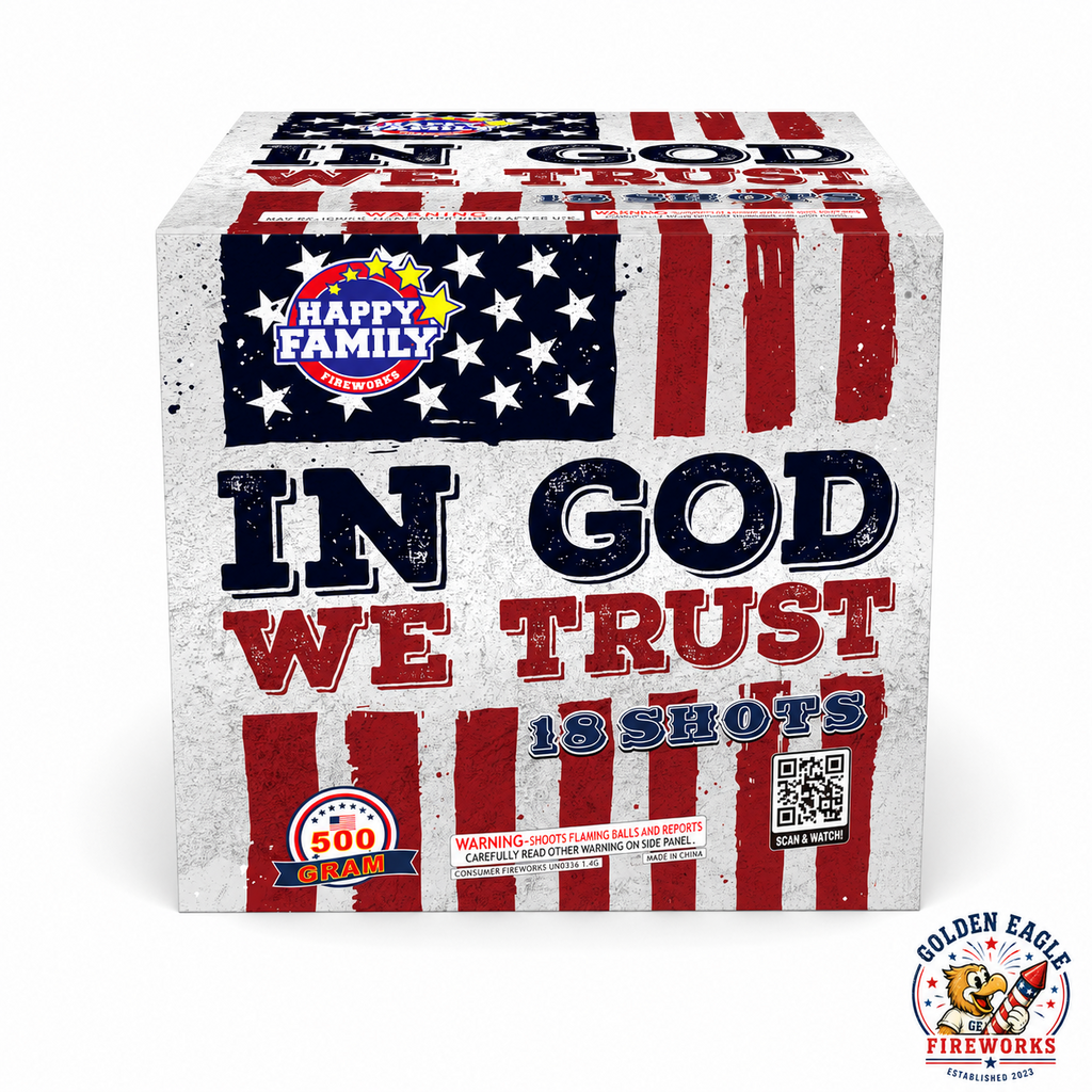 In God We Trust 500 gram aerial cake featuring 18 shots and patriotic American flag packaging available at Golden Eagle Fireworks in Humble Texas.