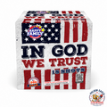 In God We Trust 500 gram aerial cake featuring 18 shots and patriotic American flag packaging available at Golden Eagle Fireworks in Humble Texas.