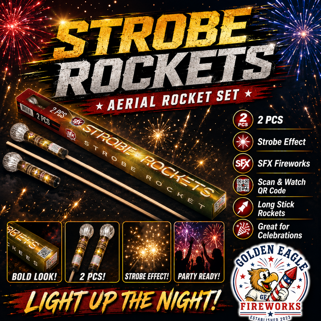Golden Eagle Fireworks SFX Strobe Rockets aerial rocket set hero — 2 pieces, strobe effect, long stick rockets, scan and watch QR, light up the night, SFX Fireworks, Houston TX