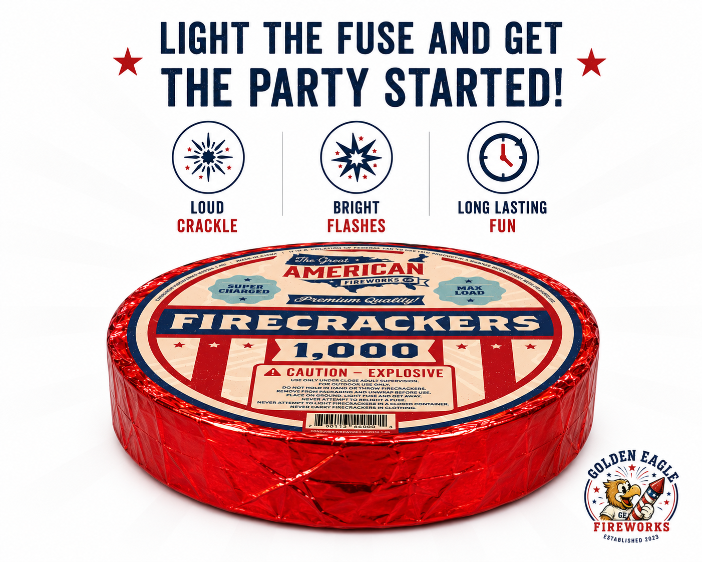 Golden Eagle Fireworks premium quality firecracker roll label detail, UN0336 1.4G consumer fireworks Houston Texas
