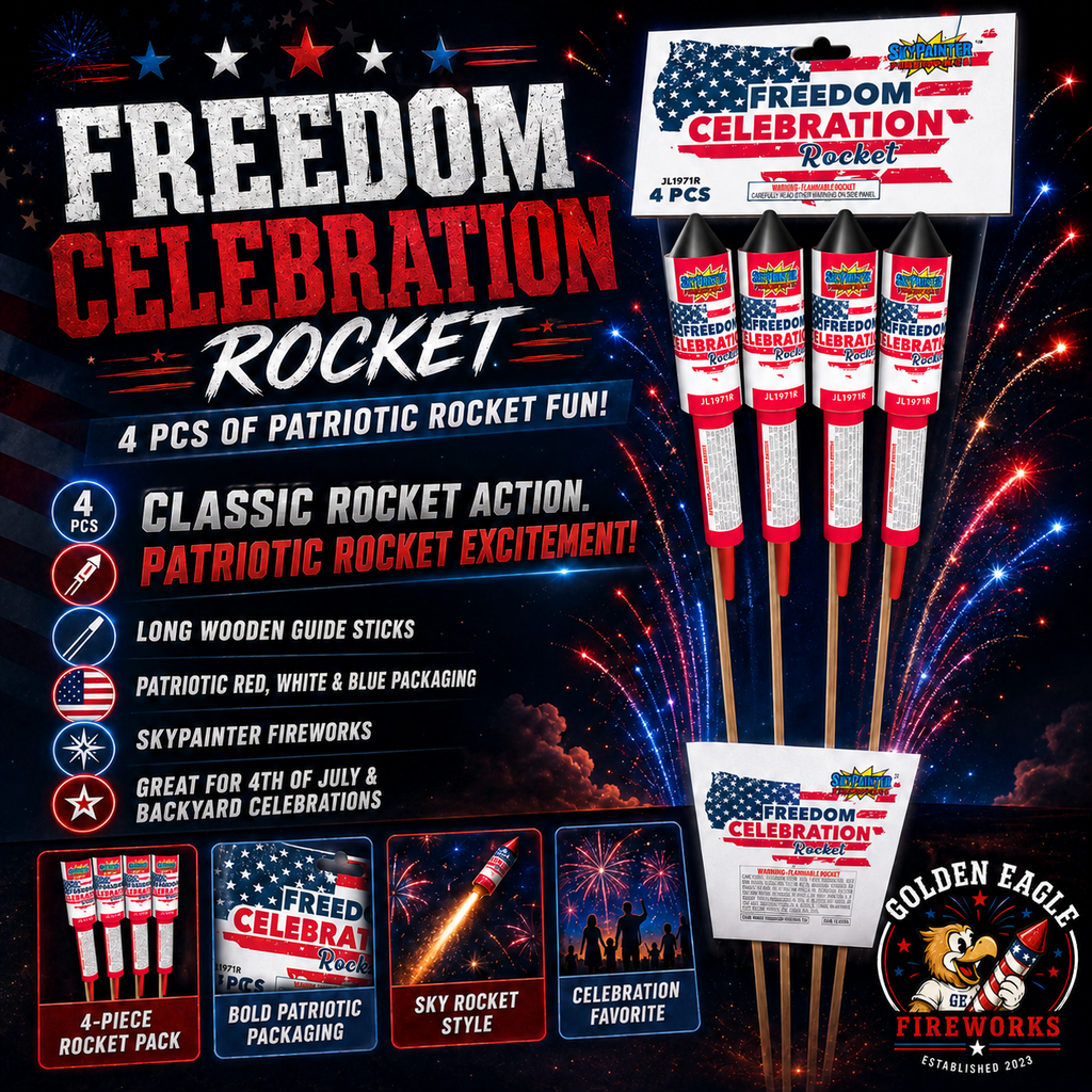 Golden Eagle Fireworks Sky Painter Freedom Celebration Rocket 4-piece hero — classic rocket action patriotic excitement, long wooden guide sticks red white blue packaging, 4th of July backyard celebration Houston TX