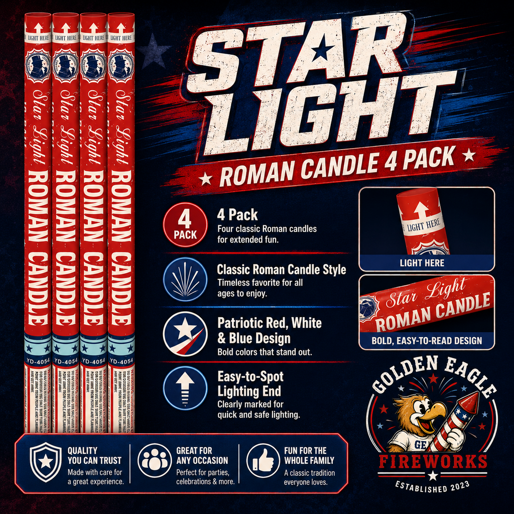 Star Light Roman Candle infographic featuring 4 classic Roman candles, patriotic tube design, easy-to-spot lighting end, traditional fireworks style, and party-ready details from Golden Eagle Fireworks.