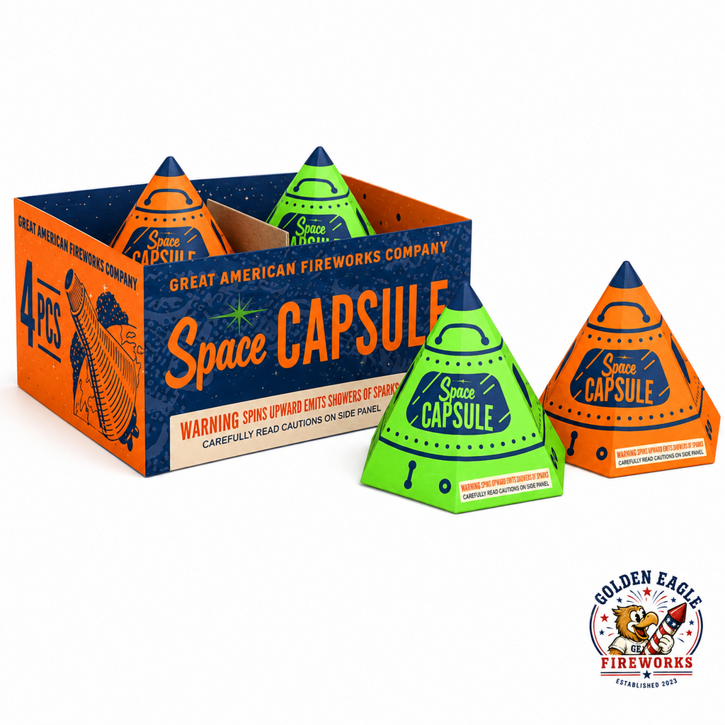 Space Capsule novelty spinner fireworks 4-pack featuring colorful space-themed cone spinners that spin upward and emit showers of sparks, available at Golden Eagle Fireworks.