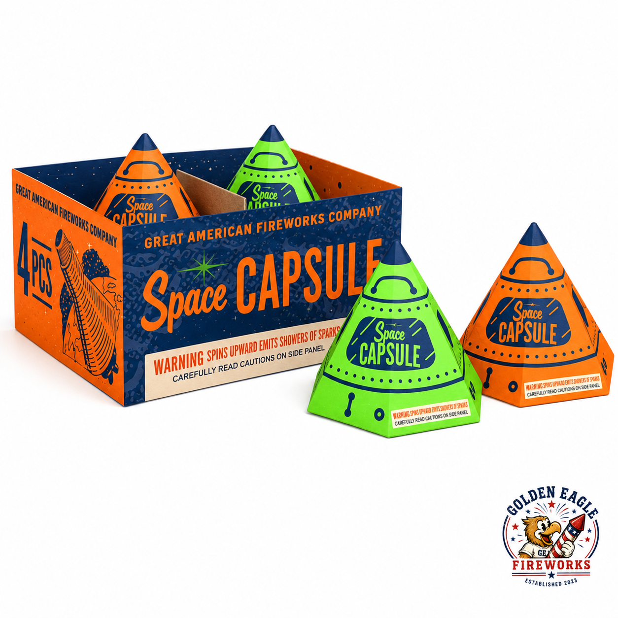 Space Capsule novelty spinner fireworks 4-pack featuring colorful space-themed cone spinners that spin upward and emit showers of sparks, available at Golden Eagle Fireworks.